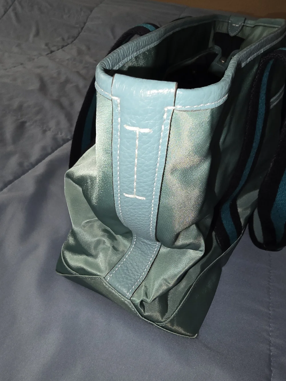 Coach Mint Green Tote with Black and Teal Striped Handles